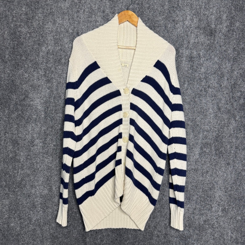 Old‎ Navy Cardigan Women L Cream Blue Stripe Shawl Collar Preppy Classic Grandpa